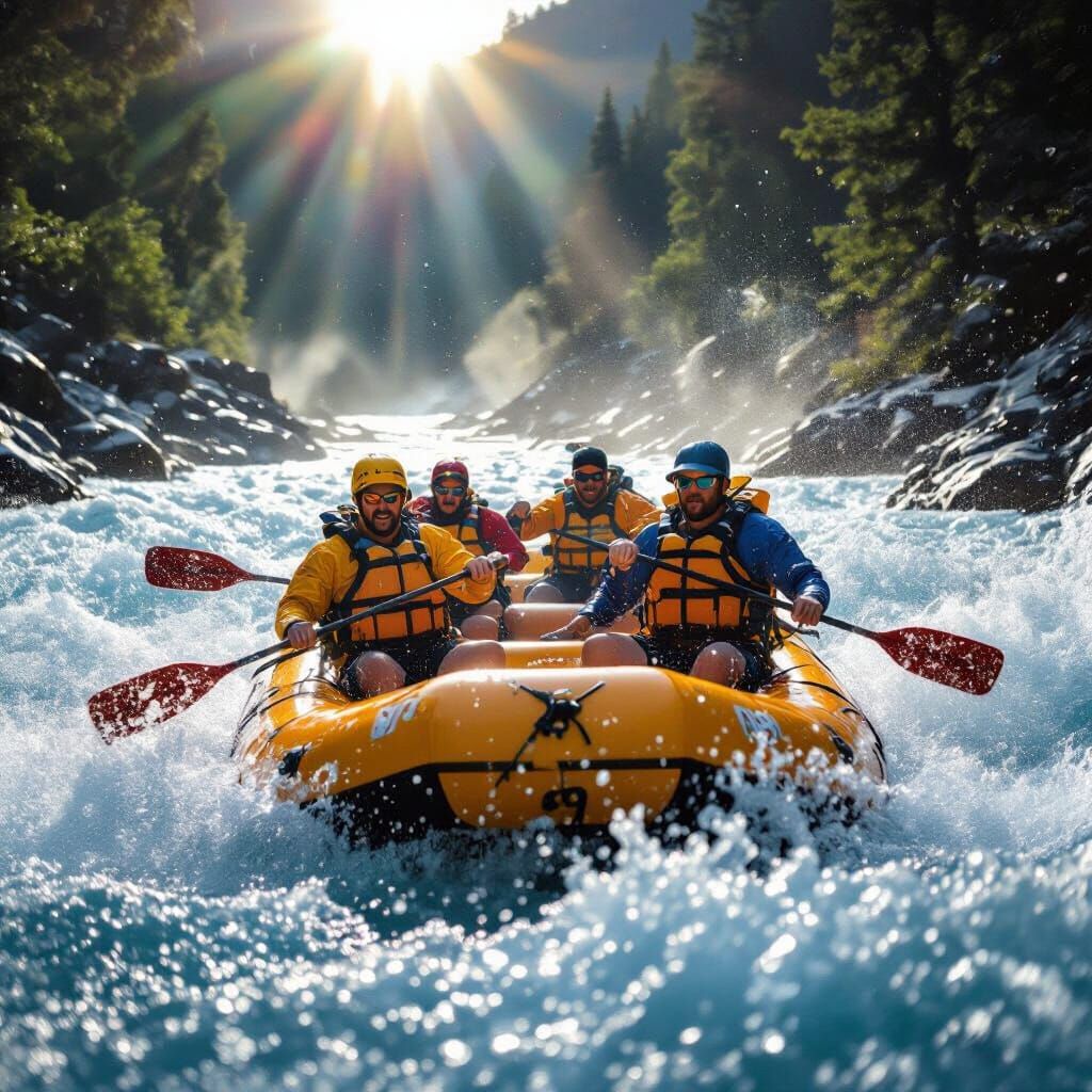 Adventurers Rafting Wild River in Dramatic Lighting