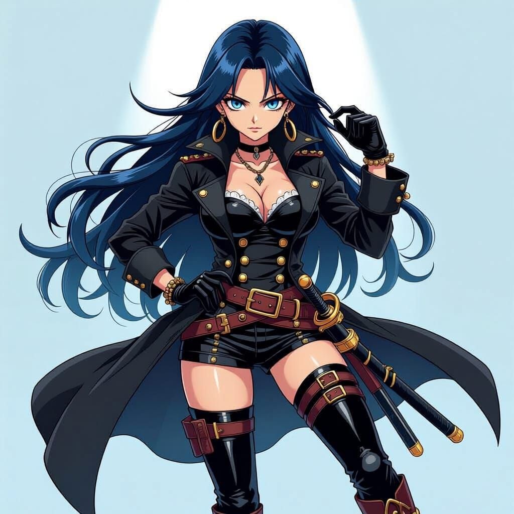 Anime Pirate Captain with Blue Eyes and Black Hair