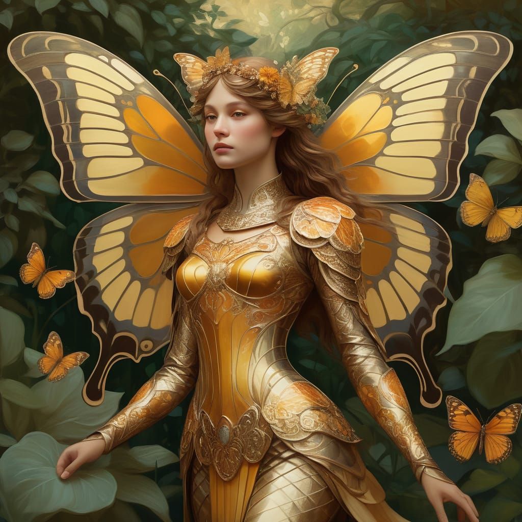 Mythical Figure in Lush Garden, Impressionistic Art Style