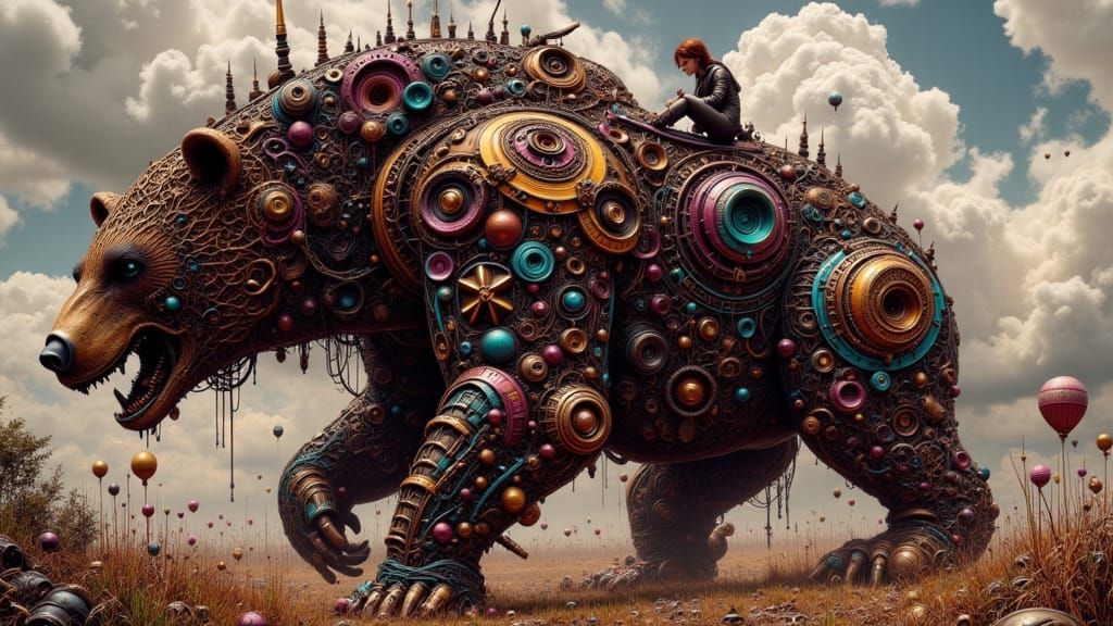 Steampunk Robotic Bear with Rider in Leather Attire