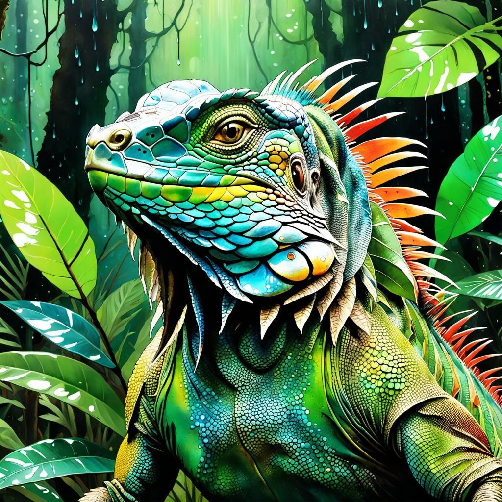 Iguana in Rainforest: Mixed Media Alcohol Ink Art