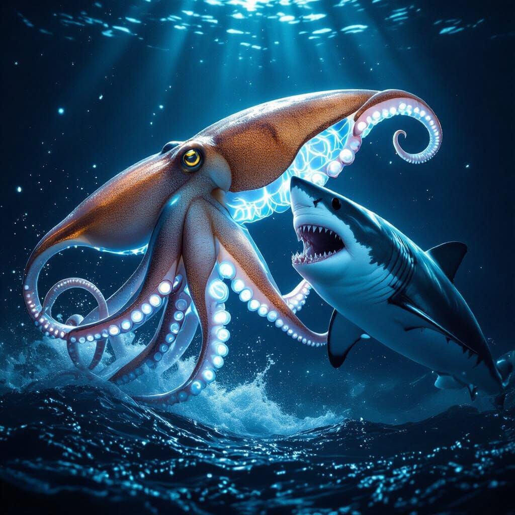 Giant Squid Battles Shark in Abyssal Depths
