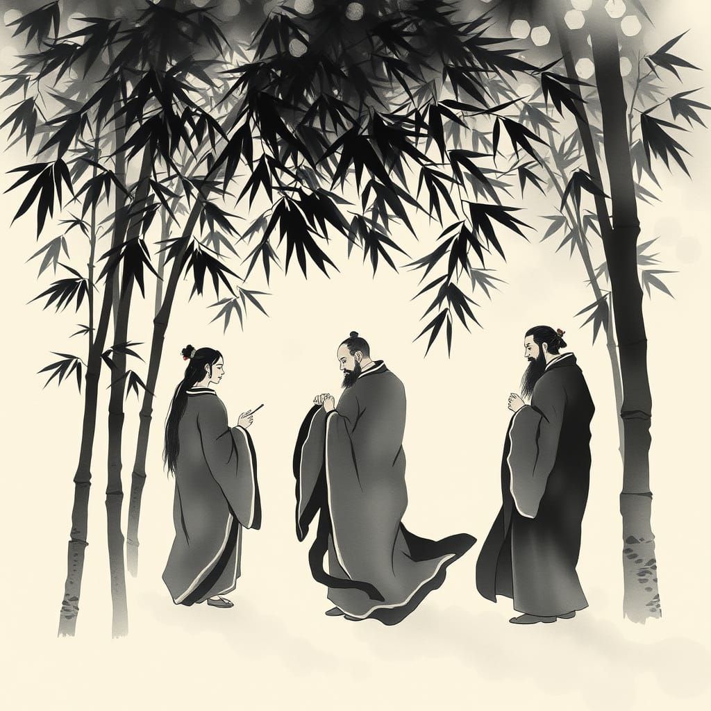 Ethereal Scholars in Bamboo Grove Ink Wash