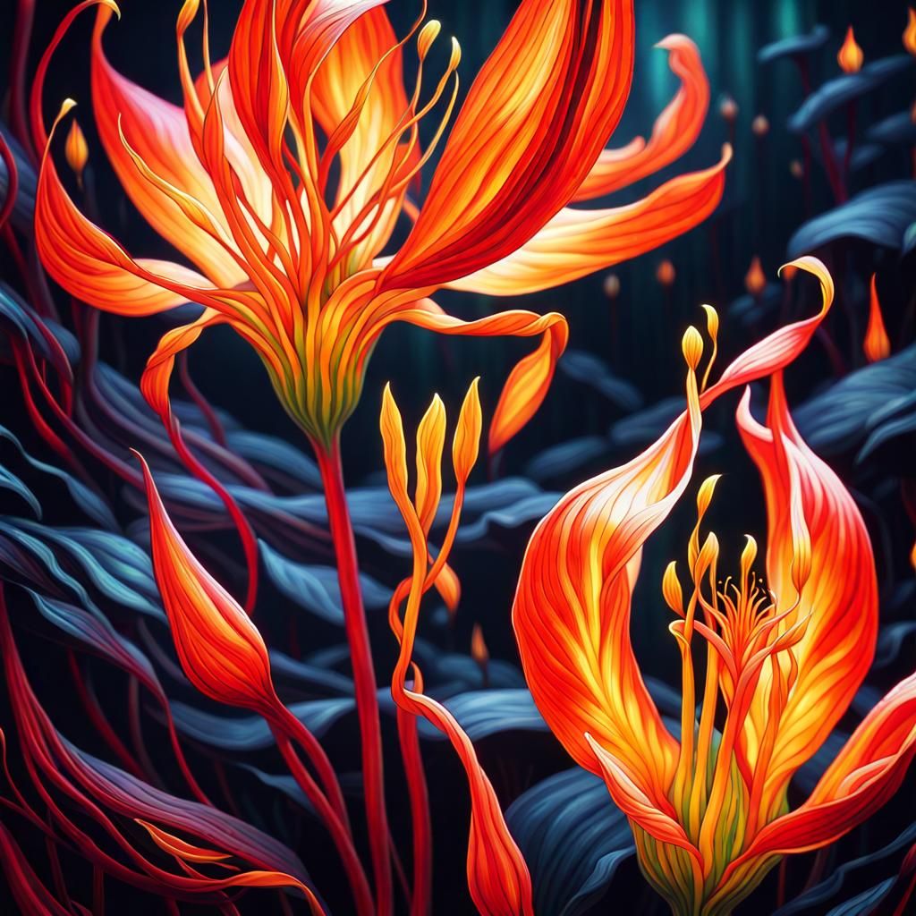 Glowing Flame Lily in Mysterious Landscape Painting