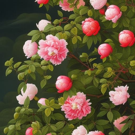 Gothic Chinese Storybook Scene with Peonies and Camelias