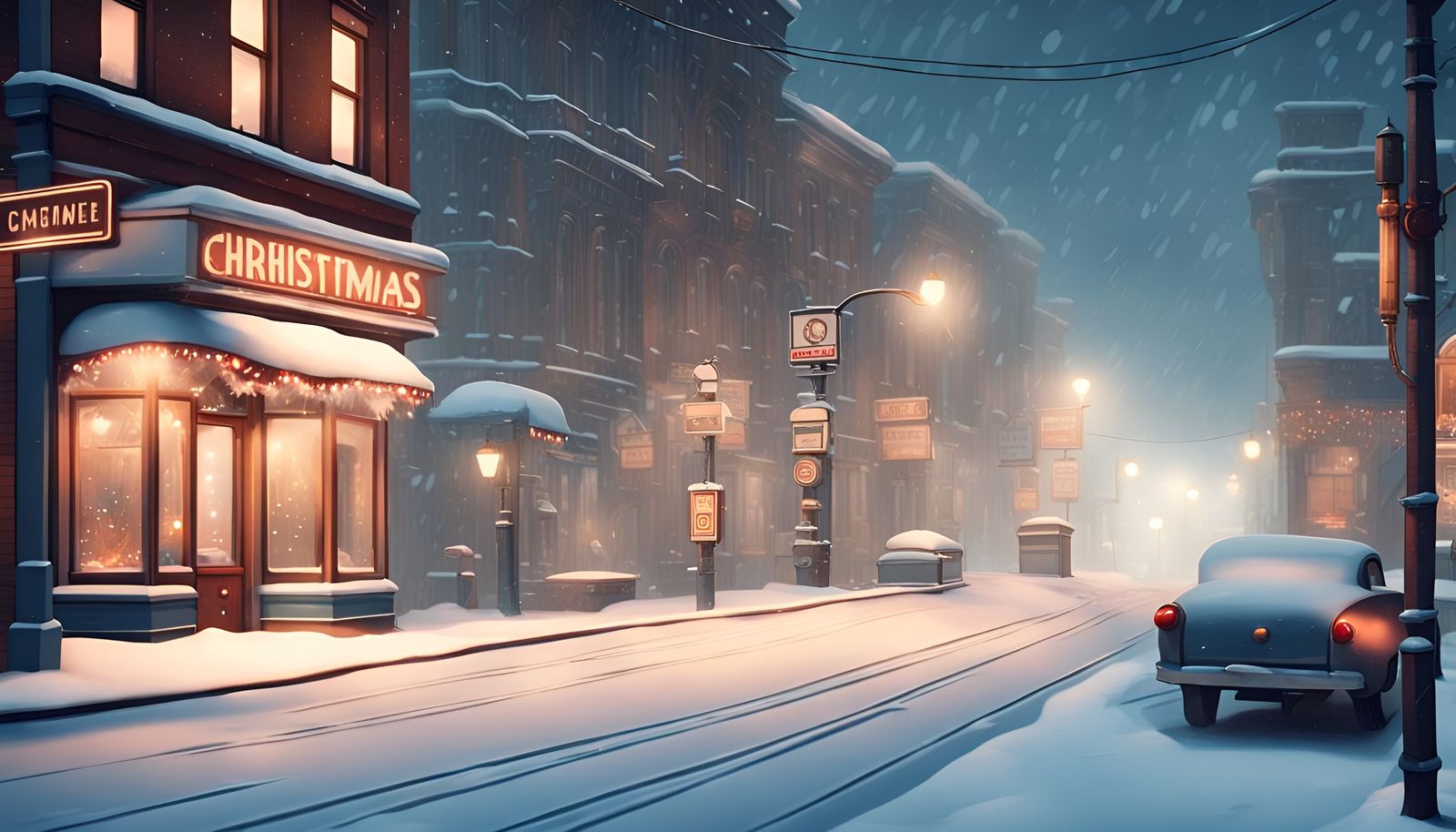 Snowy Dieselpunk Christmas City Street Scene