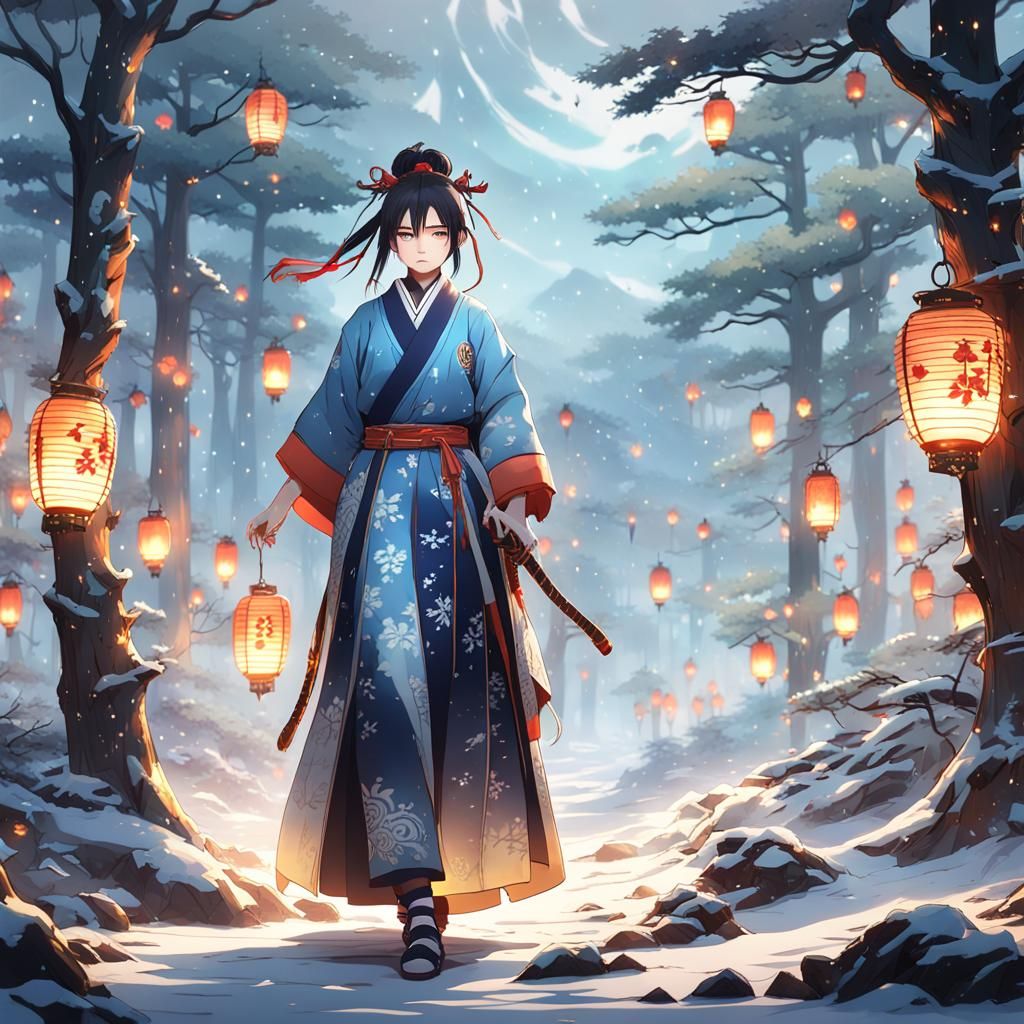 Anime Samurai with Snake in Misty Winter Forest