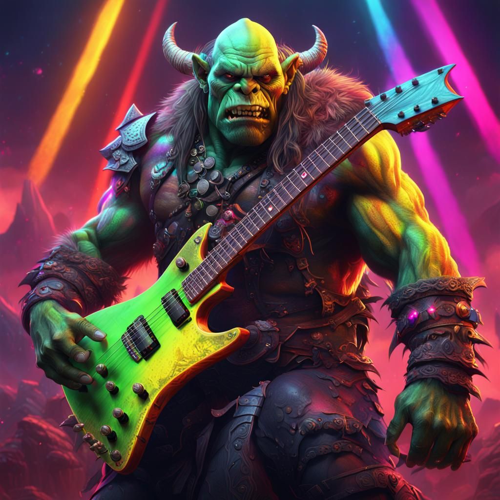 Orc Barbarian with Neon Rainbow Axe Guitar