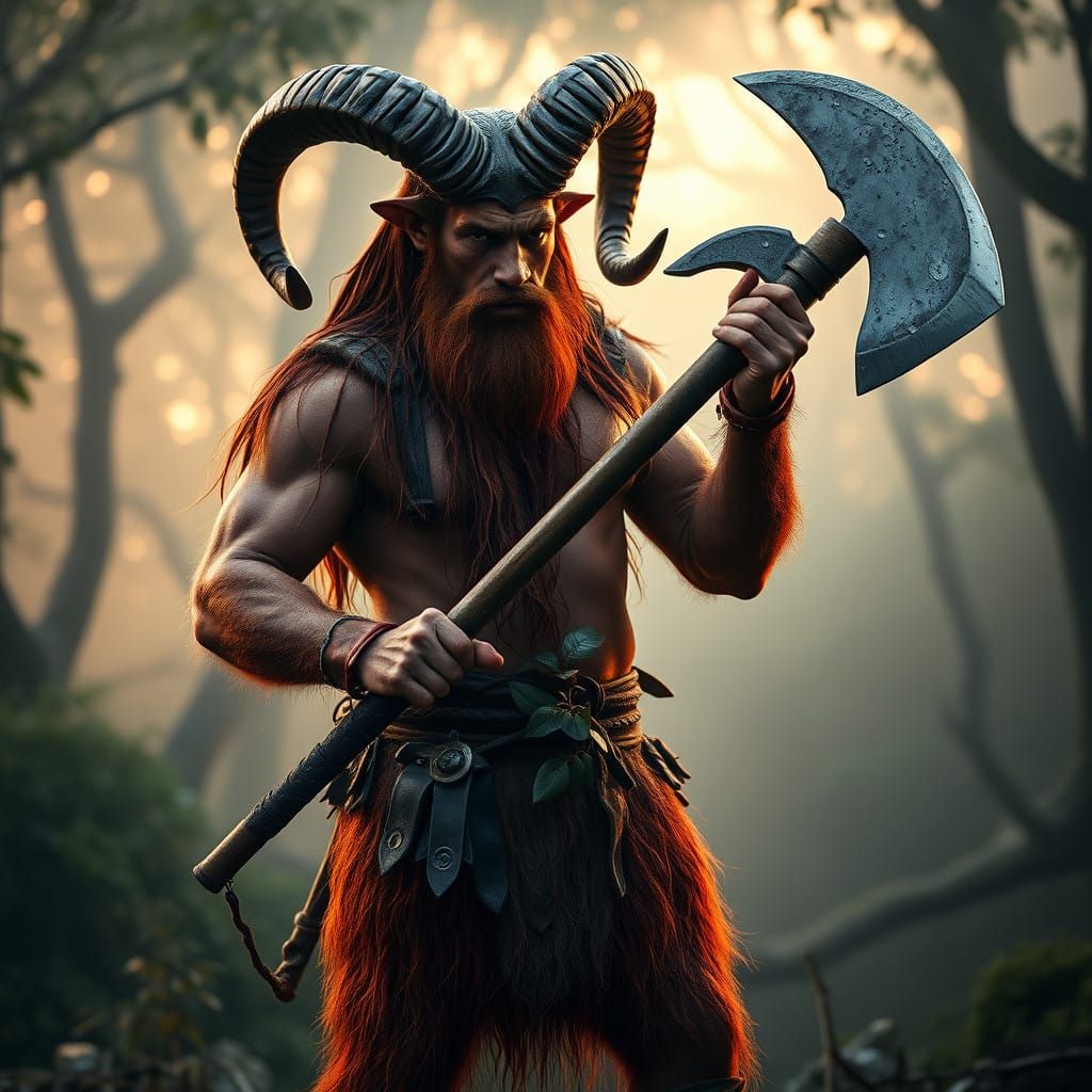 Epic Satyr Barbarian in Ancient Forest