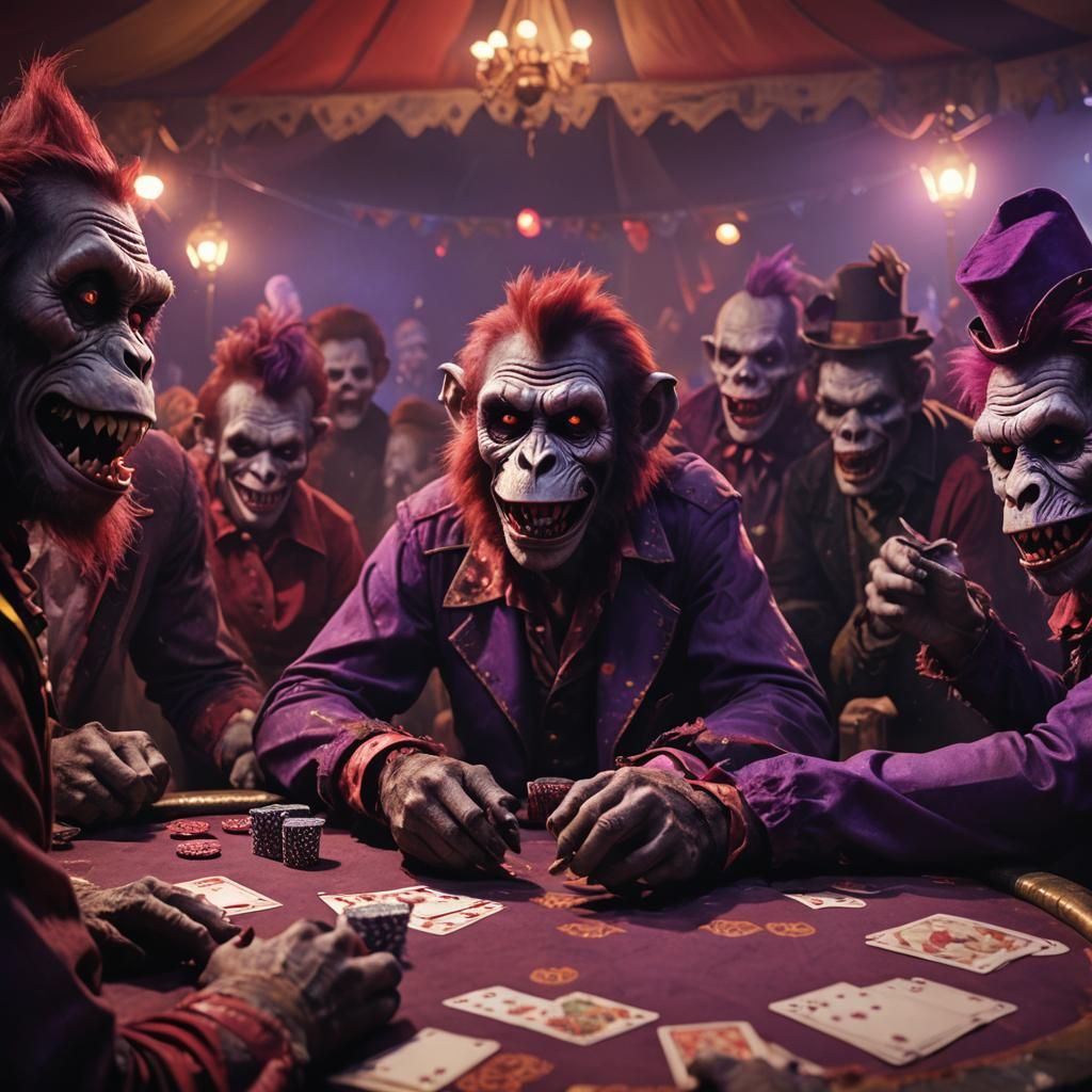 Zombie Monkey Clowns Play Poker in Gothic Horror Style