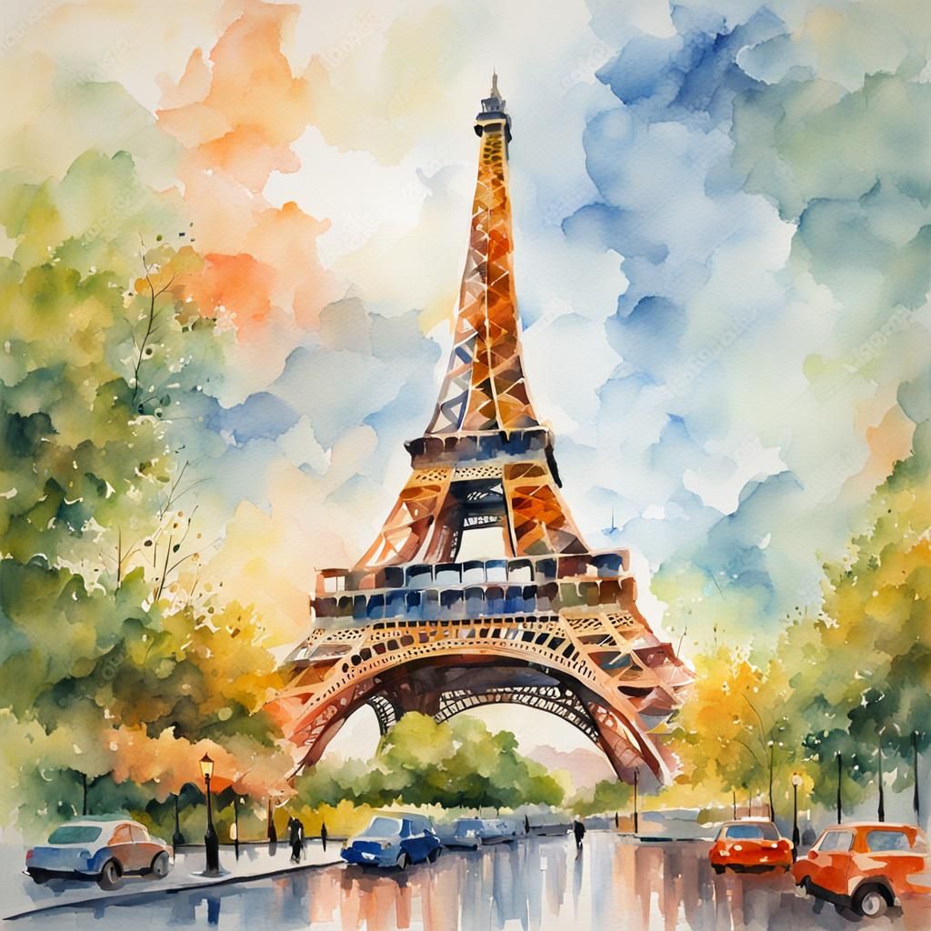 Eiffel Tower Watercolor Gouache Impressionist Painting