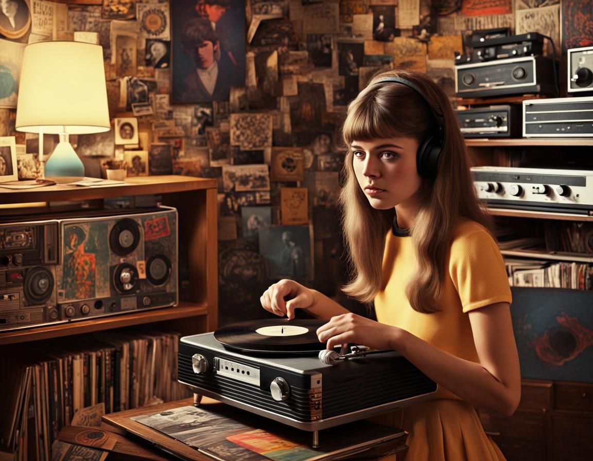 Retro 1960s Teenager Girl with Beatles Albums