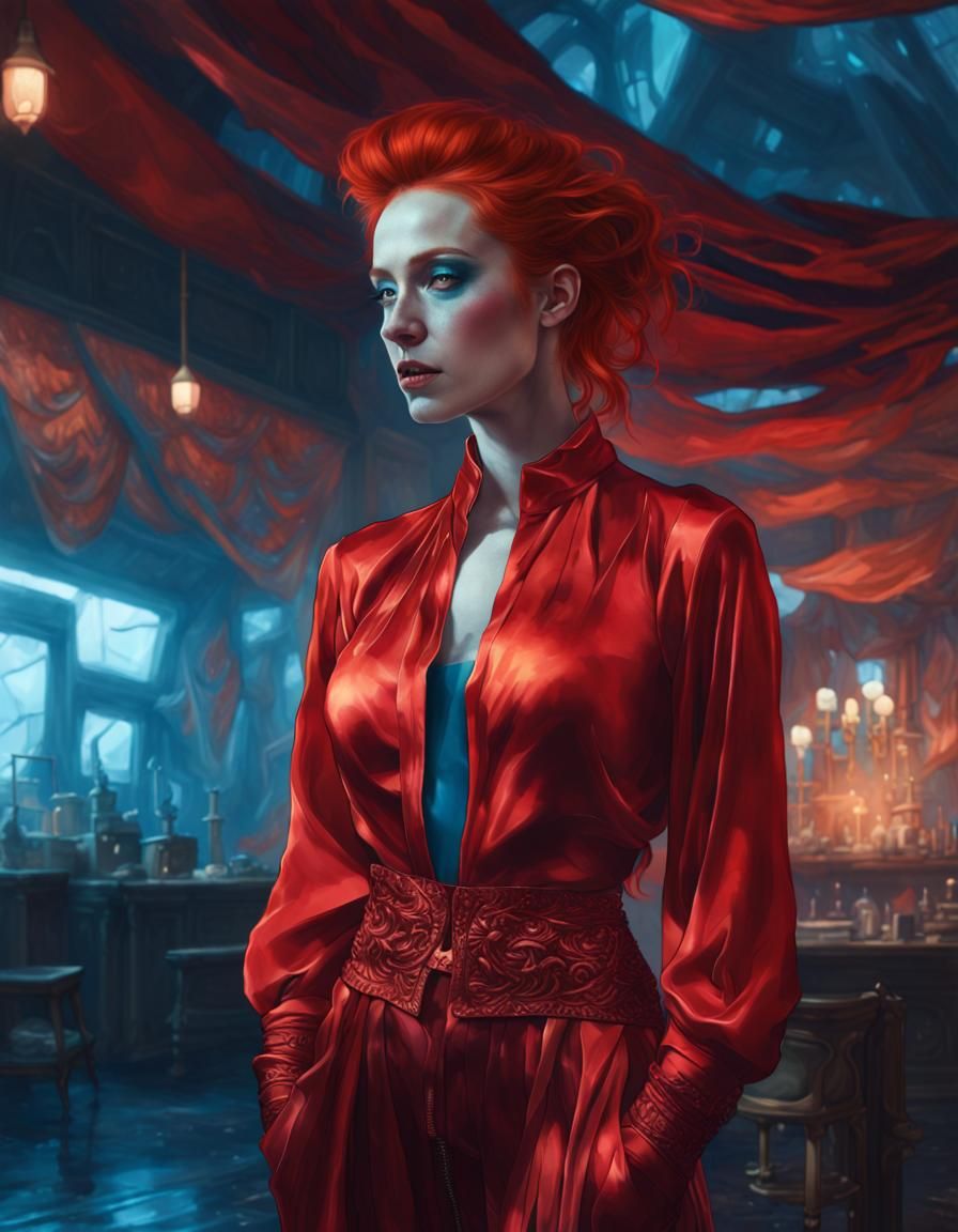 Regal Redhead Artist in Vibrant Fantasy Environment