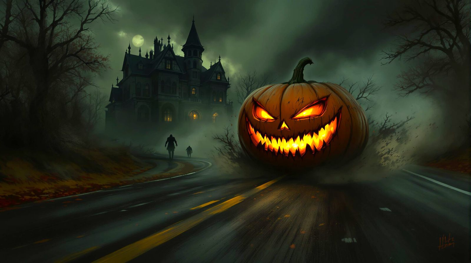 Pumpkin Mustang Races Haunted Mansion in Dark Fantasy Style