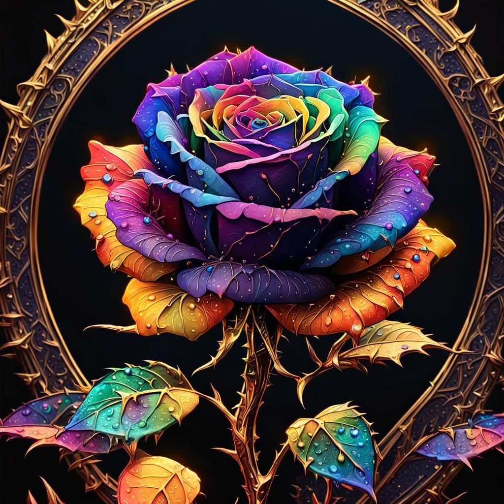 Rainbow Rose with Thorns: Dark Fantasy Art Nouveau