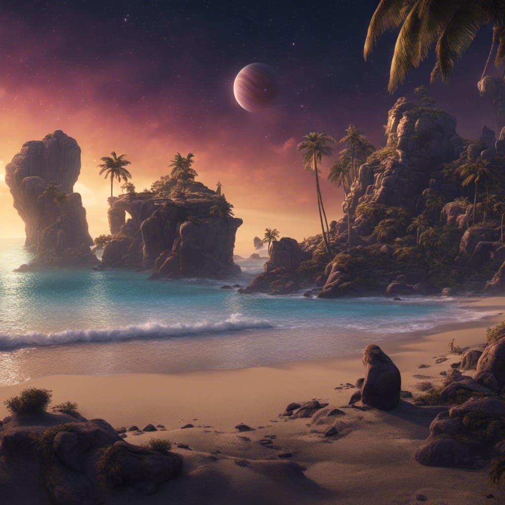 beach and monkeys, saturn, galaxy, nighttime