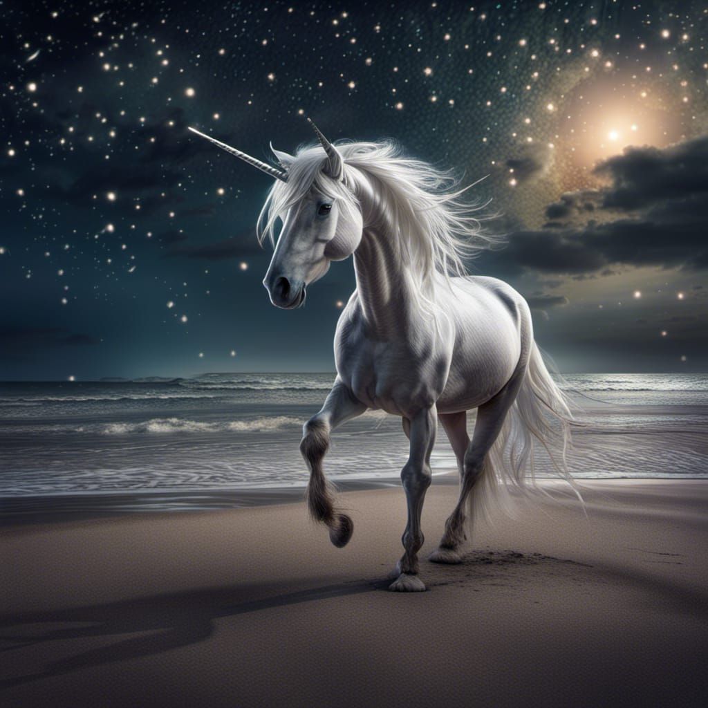Hyperrealistic Unicorn on Beach Under Starry Sky