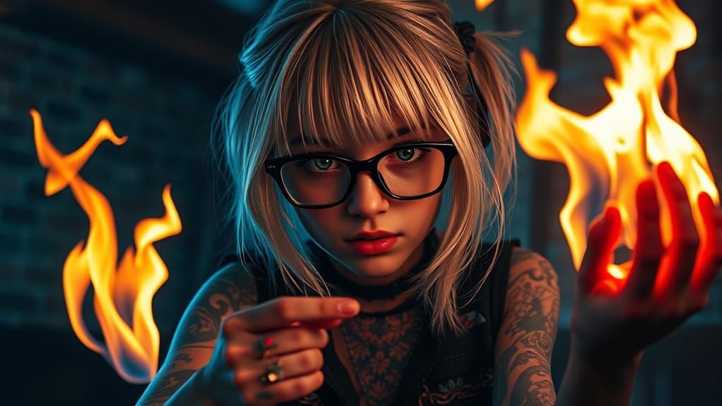 Goth Girl with Tattoos Playing with Fire