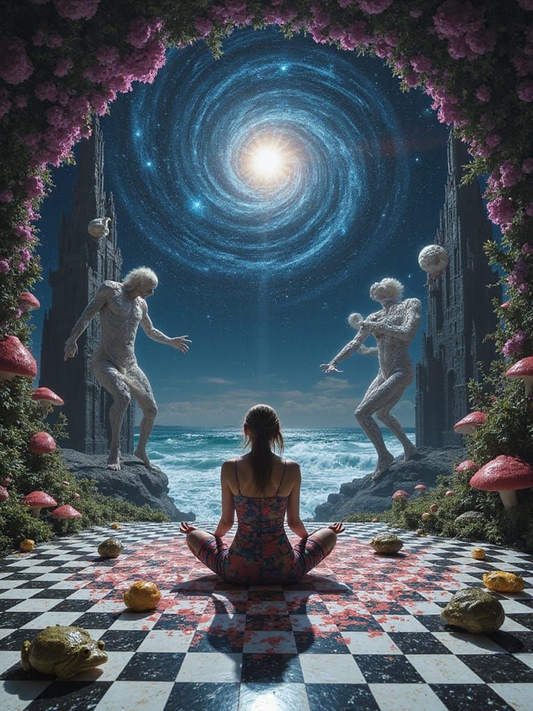 Surreal Split-Face Woman in Dreamlike Optical Art