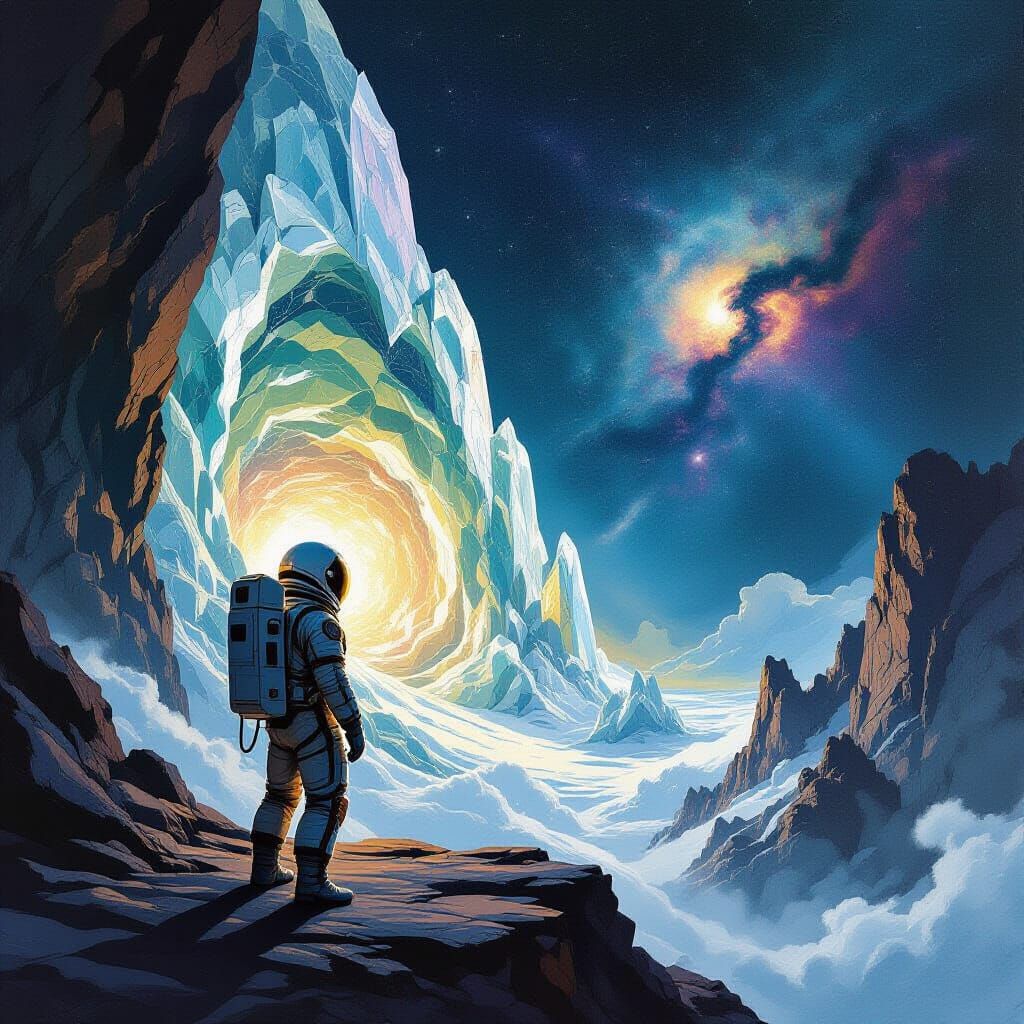Astronaut on Alien Geode Precipice, Sci-Fi Art Style