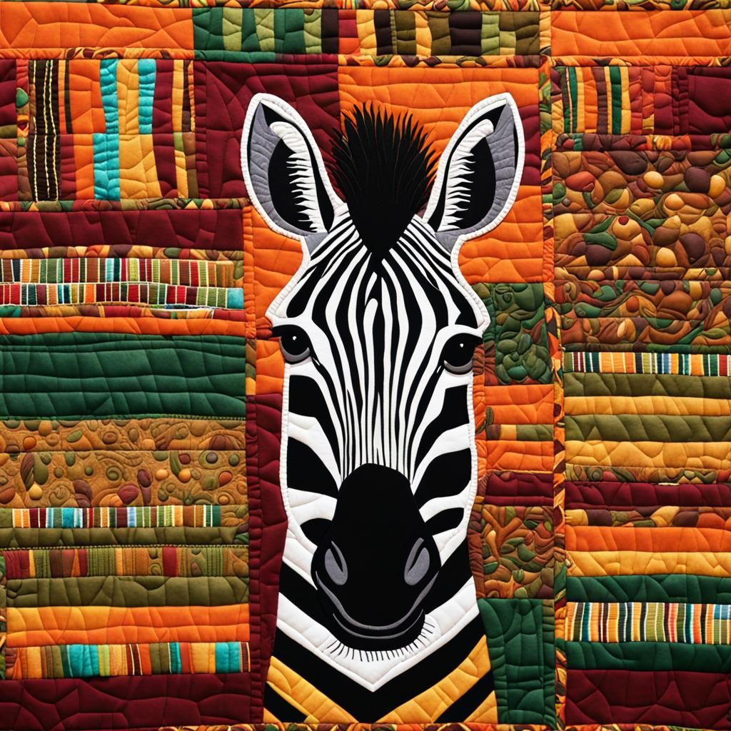 Vibrant Zebra Quilt in African Folk Art Style