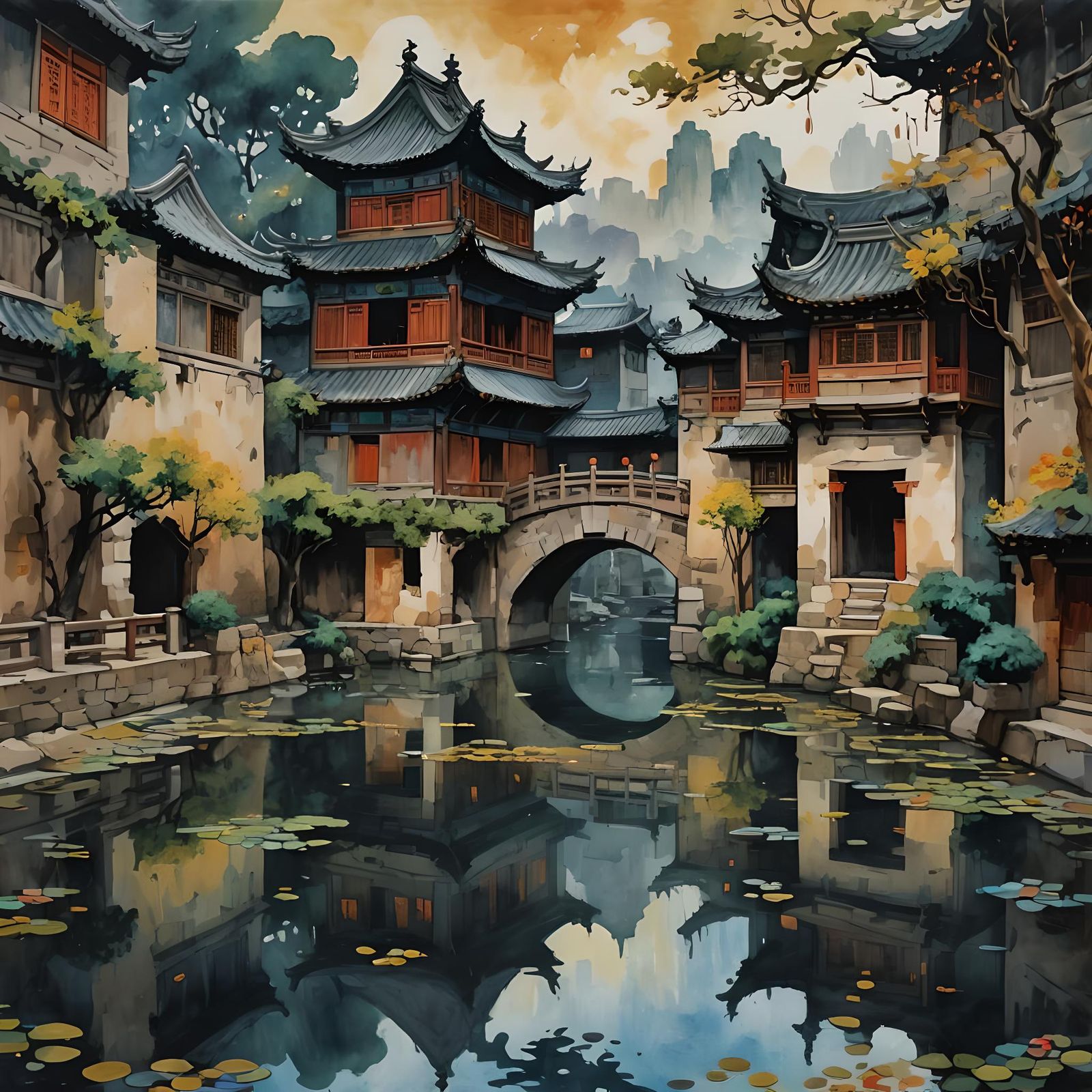 Medieval Chinese Reflection in Gouache Watercolor Style
