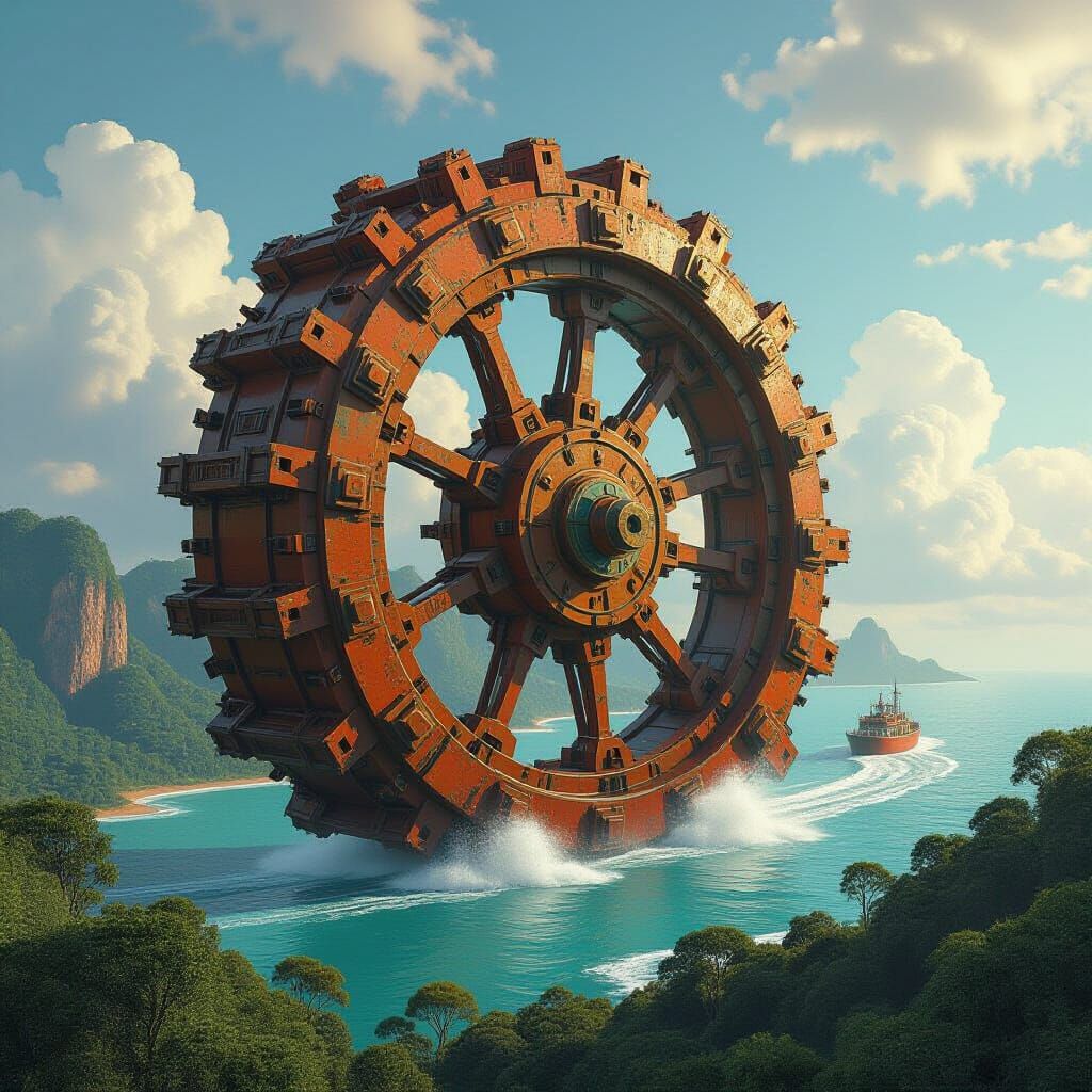 Giant Wheel Moves Across Earthy Planet in Surreal Style