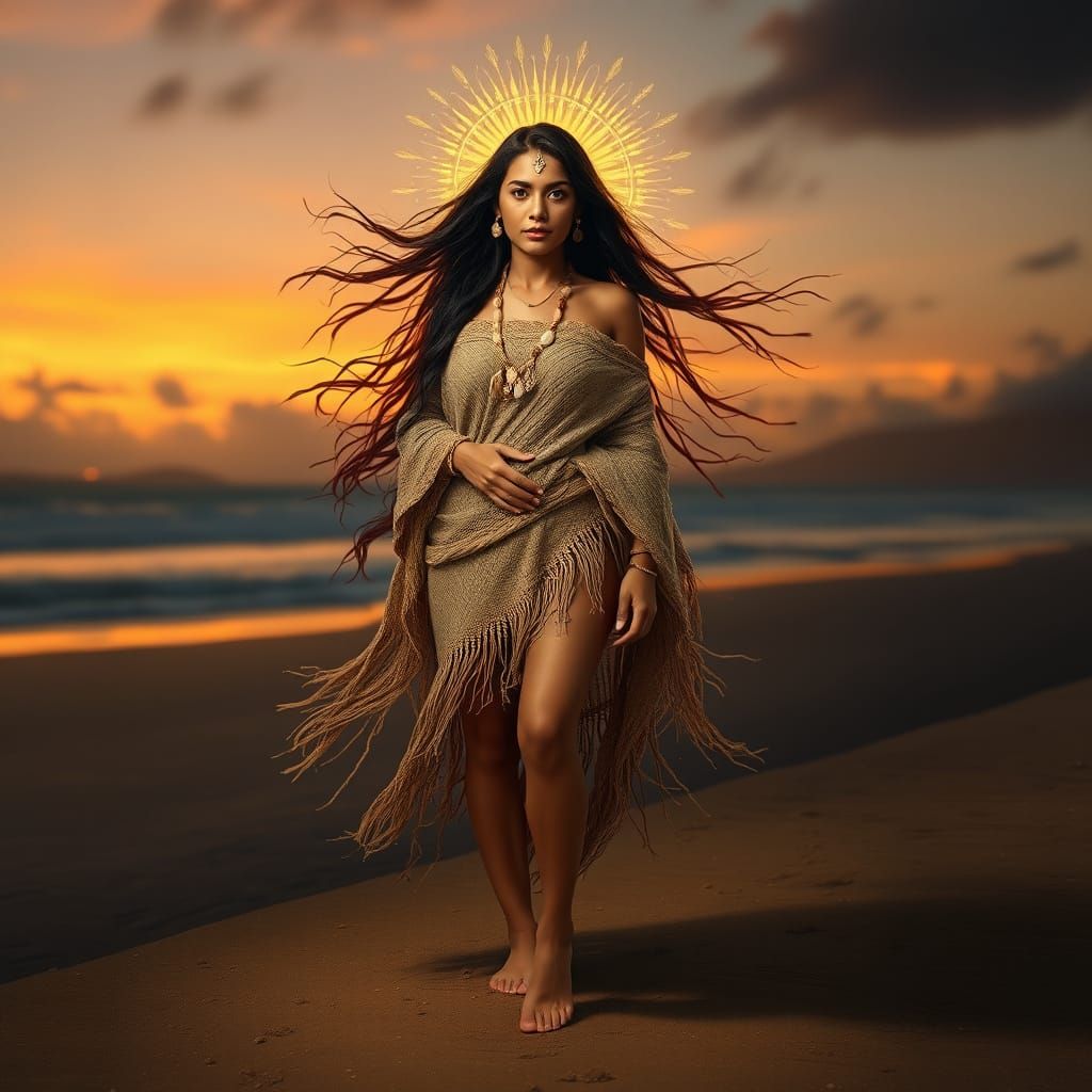 Polynesian Woman on Windswept Shoreline at Twilight
