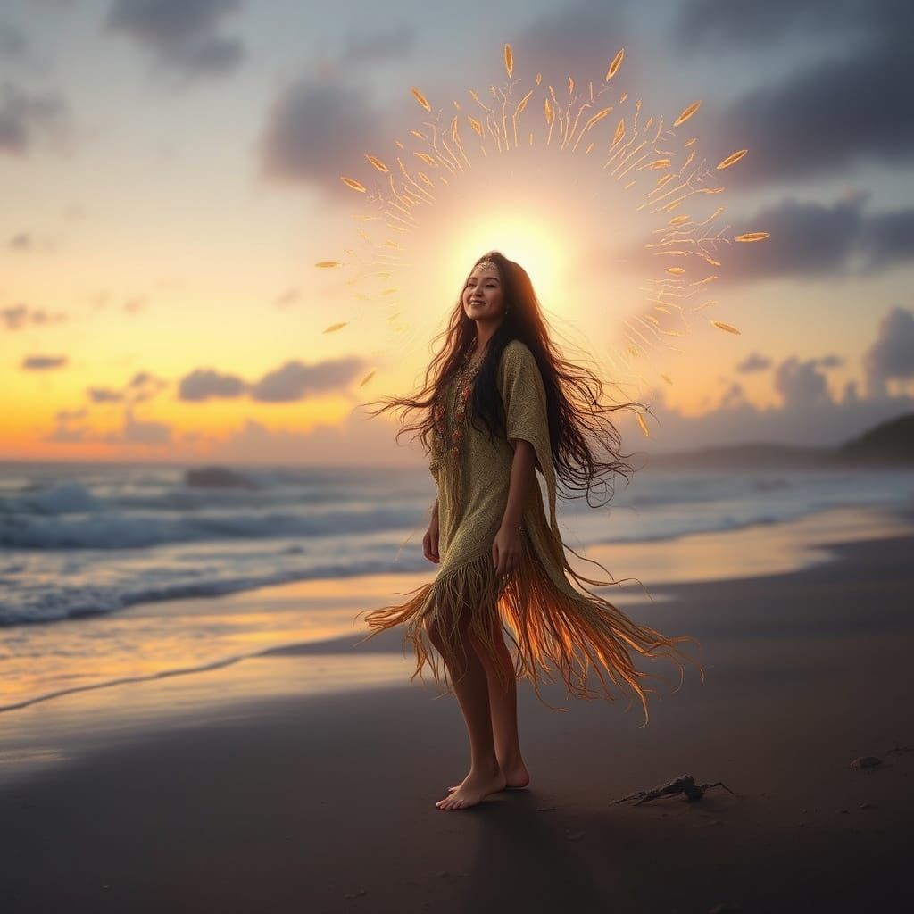Polynesian Woman on Windswept Shoreline
