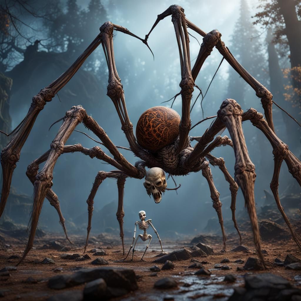 Giant Spider Versus Skeleton in Fantasy Art