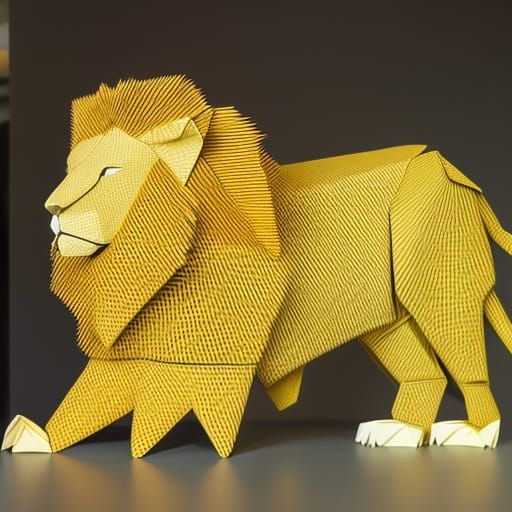 Elaborate Origami Lion in Lifelike Savannah Diorama
