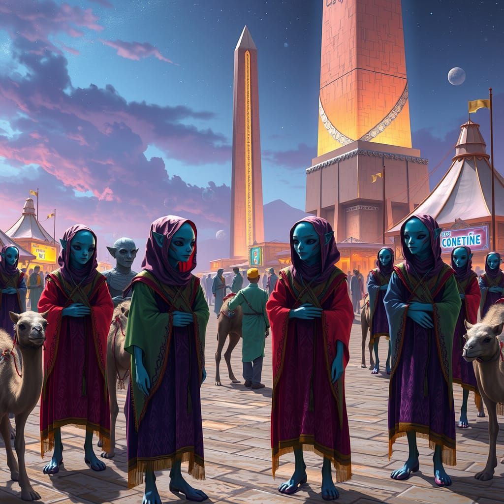 Bustling Intergalactic Silk Road Market with Alien Merchants