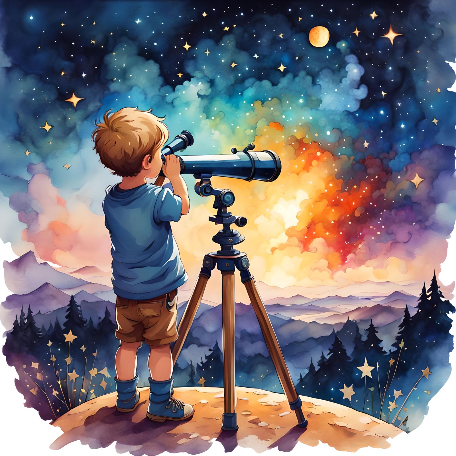 Child Stargazing: A Watercolor Digital Art Piece