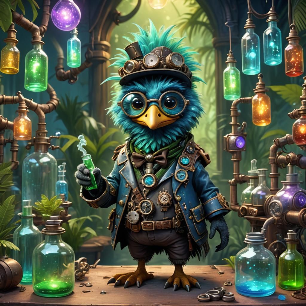 Steampunk Emu Alchemist in Jungle Lab: 3D Digital Art