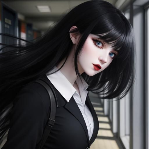 Goth Schoolgirl in Hallway with Volumetric Lighting