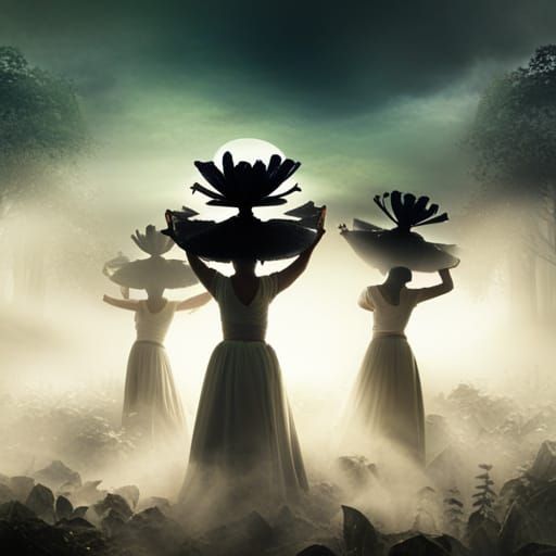 Black Lotus Flower with Dancing Women in Dark Academia Style