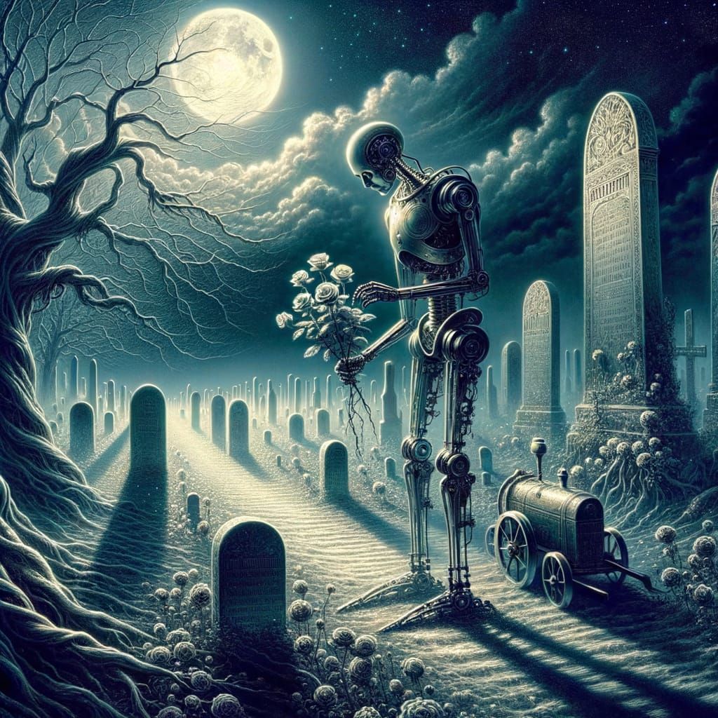 Automaton Gardener Tends Spectral Roses in Moonlit Graveyard