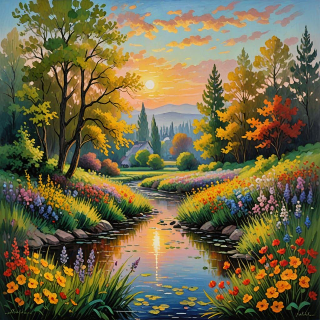 Vibrant Spring Landscape at Sunset in Impressionist Style