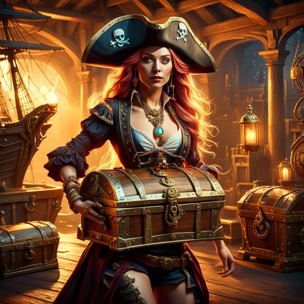 Pirate Woman with Treasure Chest: Fantasy Art