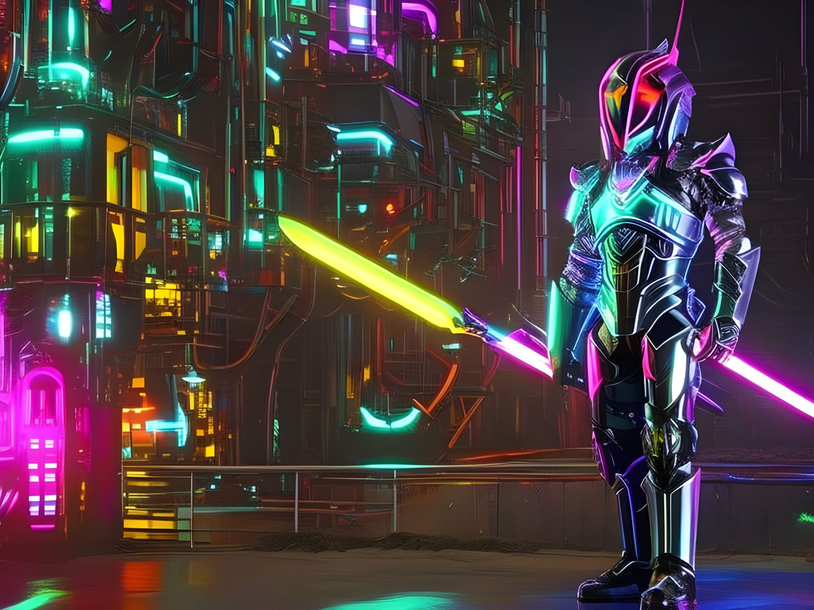 Cyberpunk Neon Knight in Full Armor