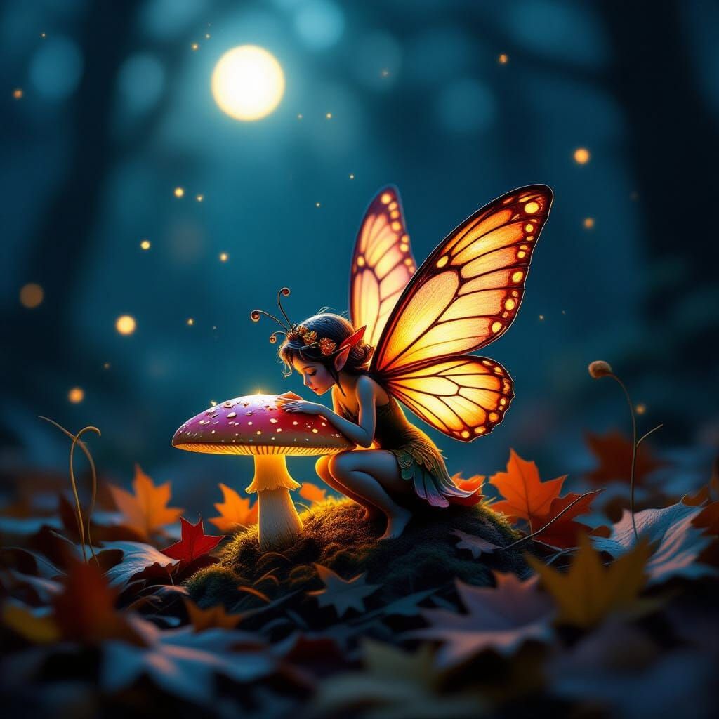 Bioluminescent Mushroom Fairy Amongst Autumn Leaves