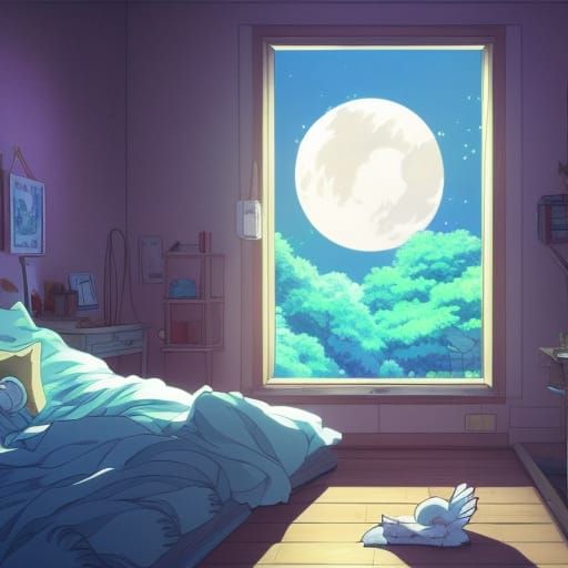 Moonlit Bedroom in Anime Key Visual Style