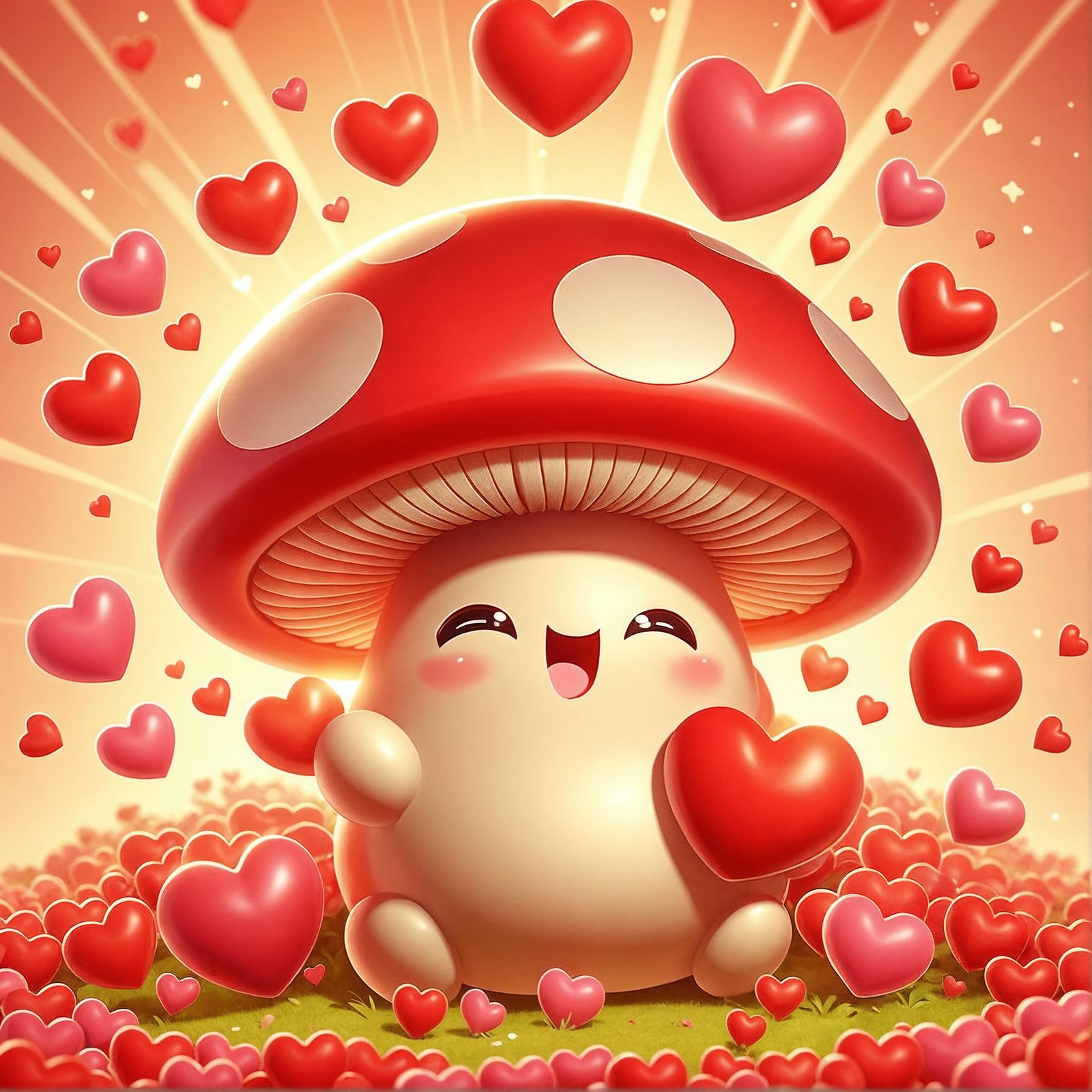 Charming Cartoon Mushroom with Hearts in CGI Style