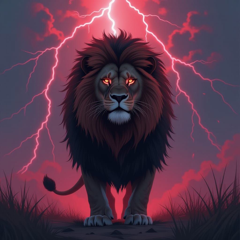 Majestic Dark Lion in Futuristic Red Lightning Storm