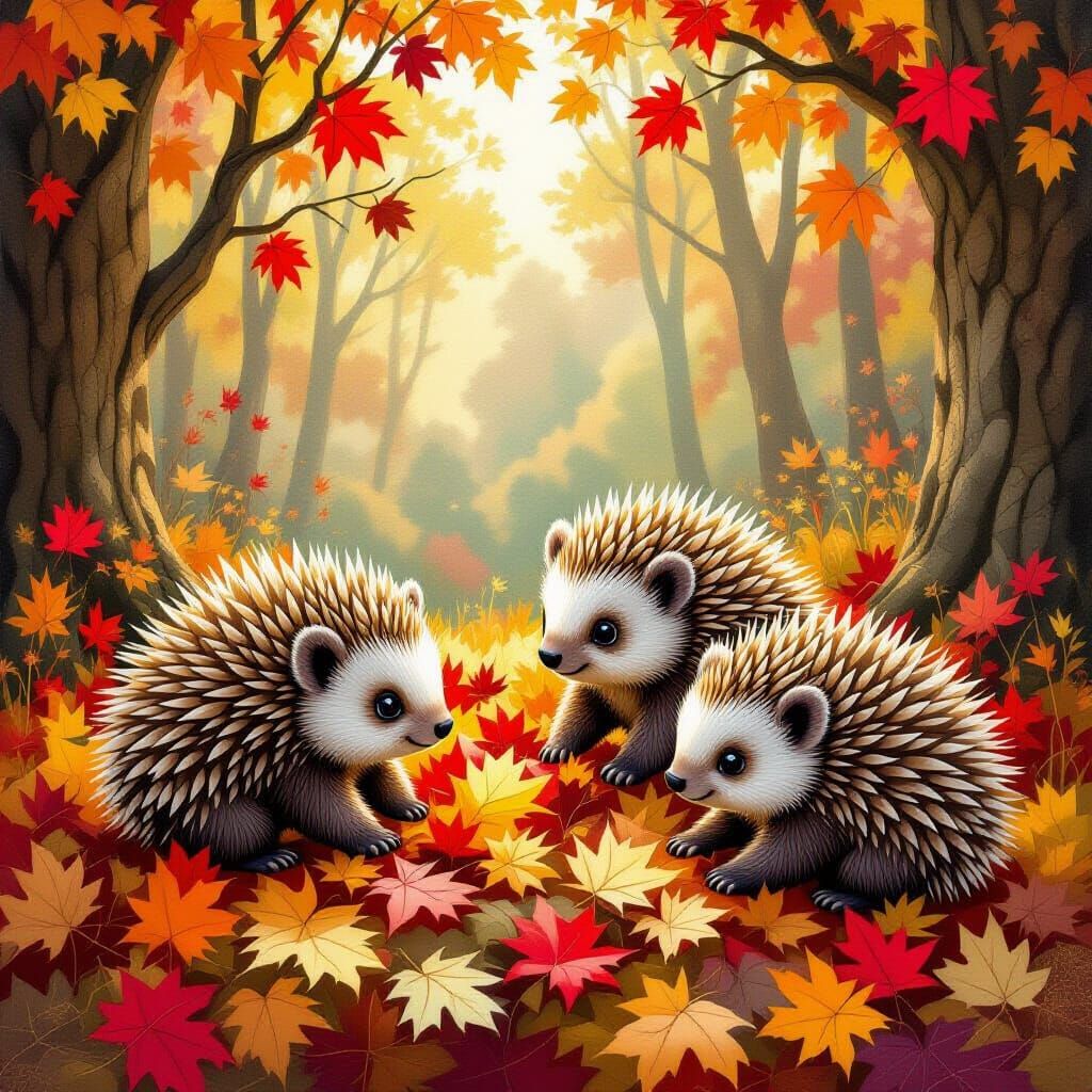 Whimsical Porcupines in Autumn Patchwork Illustration
