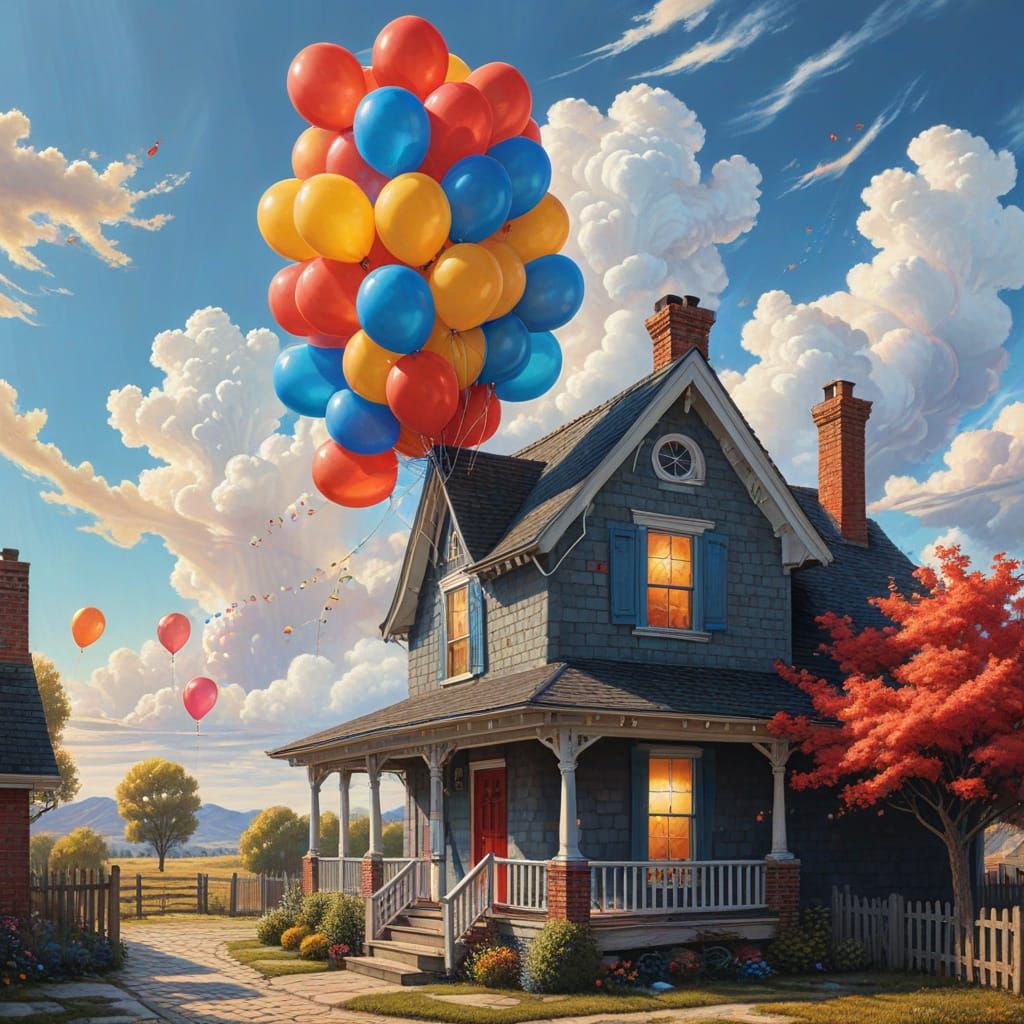 House Lifted by Balloons in Dreamy Charcoal Drawing