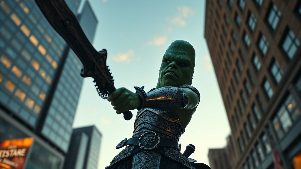 Angry Pickle Cucumber Bodybuilder with Gothic Broadsword