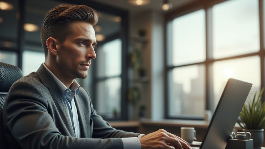 Middle-Aged Businessman Focused on Laptop in Office