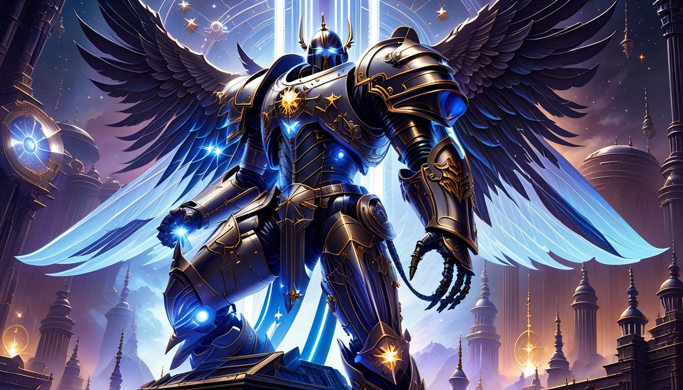 Cyborg Paladin with Mechanical Wings in Sci-Fi Style