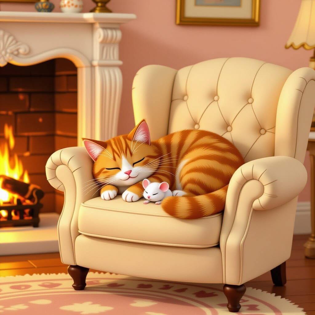 Cozy Cat and Mouse Nap Time by Firelight